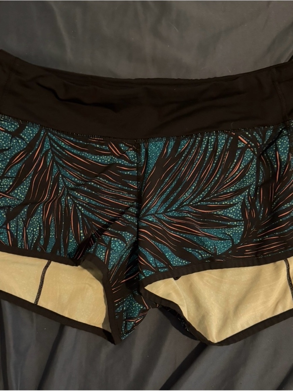 lululemon athletica Black Athletic Shorts with Teal and Coral Leaf Print
